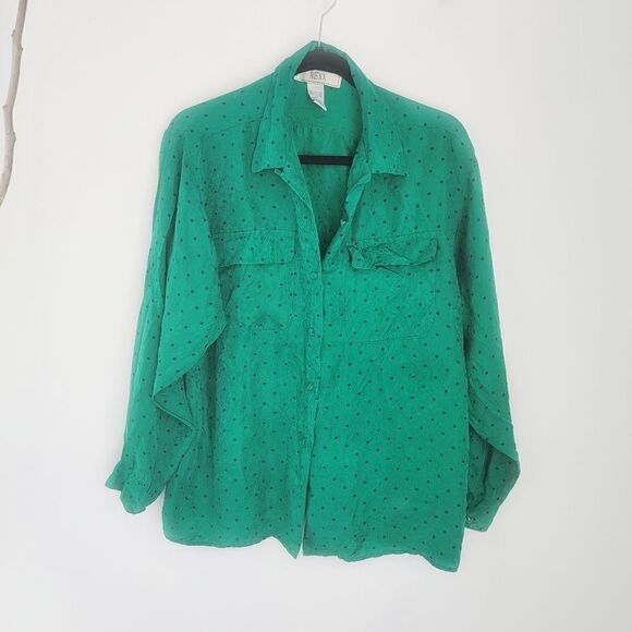 Vintage 80s 90s Nexx green polka-dot silk blouse - Picture 1 of 11
